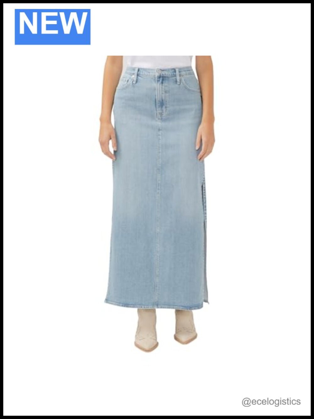 Side Split Denim Maxi Skirt Cotton Lyocell Blend Mid Rise 5-Pocket Button Zip